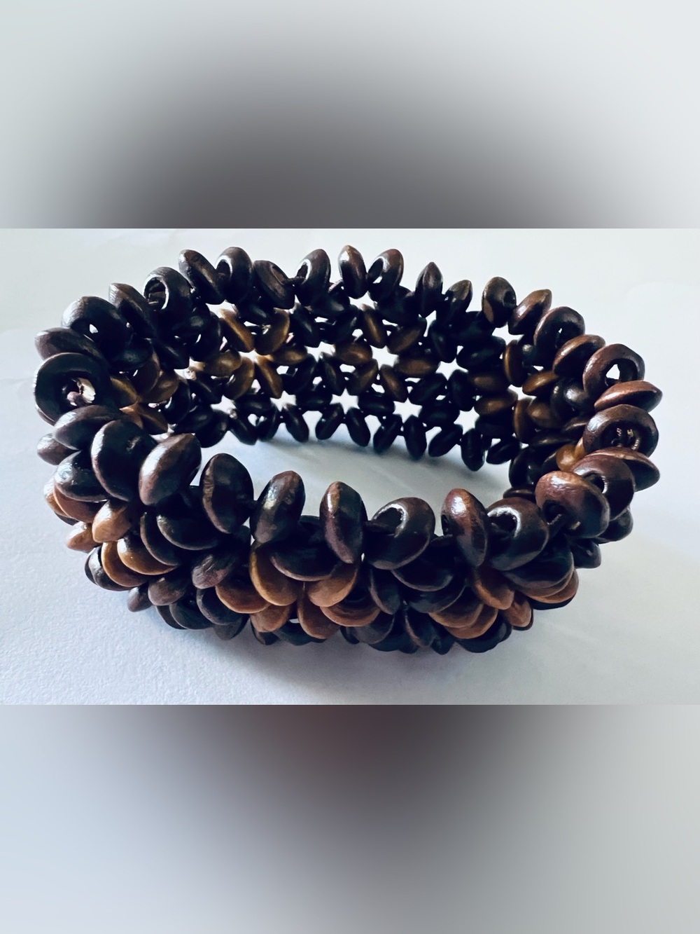 Handmade Brown Wooden Bead Stretch Bracelet Boho Chunky Wide Cuff Natural